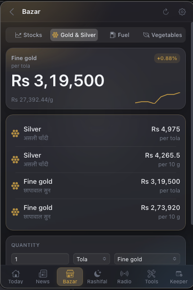 Bazar tab: fine gold and silver rates per tola and per 10 grams