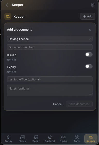 Keeper tab: adding a driving licence with its expiry date