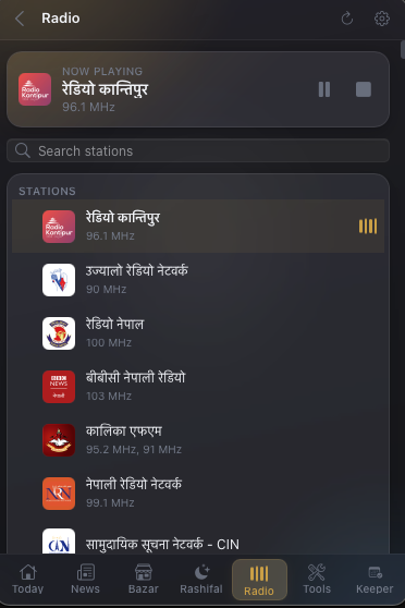 Radio tab: Radio Kantipur playing, with a list of Nepali stations